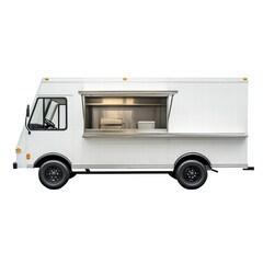 White Food Truck with Open Window in Urban Setting, Ideal for Street Food Vending or Catering Events on transparent background