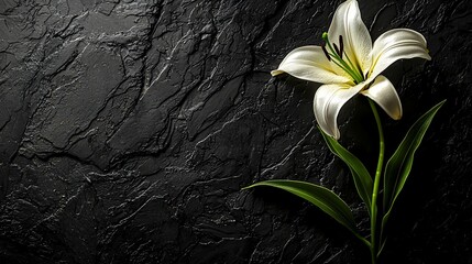 Single white lily on dark stone background
