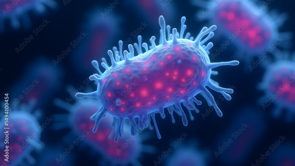 Poster bacterium with glowing irregular capsule, fractal thickness variations, microscopic view with bokeh 