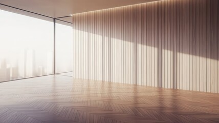 Fototapeta premium Interior space with wooden wall, herringbone floor, and expansive window view