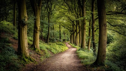Scenic Forest Path With Trees And Sunlight