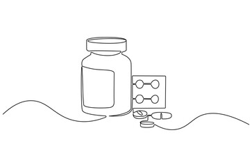 Continuous one line drawing of Medicine set with pills. Single line drawing illustration of Pharmaceutical and capsules with drugs. Pharmaceutical  concept vector art. Doodle line illustration.