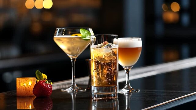 An array of assorted cocktails on a bar counter with a candle and a strawberry in a dimly lit bar setting. The drinks vary in color and presentation.