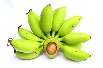 Fresh raw banana in green on white background