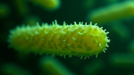 Naklejka premium Bacteria with glowing grooved surface, nanoscale ridge details, microscopic view with motion-blurred background.