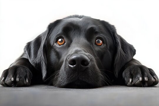 Close-up of a black dog with expressive brown eyes lying down with paws stretched forward on a gray surface against a white background - Powered by Adobe