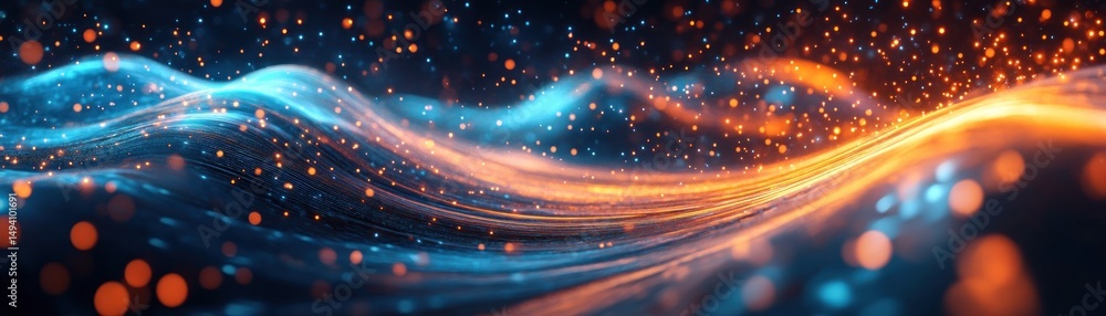 Poster abstract flowing waves of blue and orange light particles creating a dynamic and vibrant energy moti