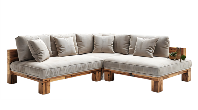 L shaped wooden sofa with beige cushions isolated on transparent background