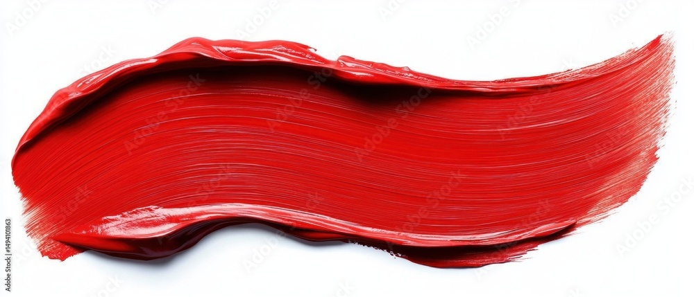 Poster thick vibrant red paint brushstroke with textured surface on white background showing dynamic motion and glossy finish