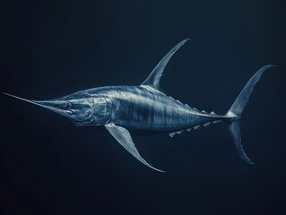 Swordfish glides through dark depths
