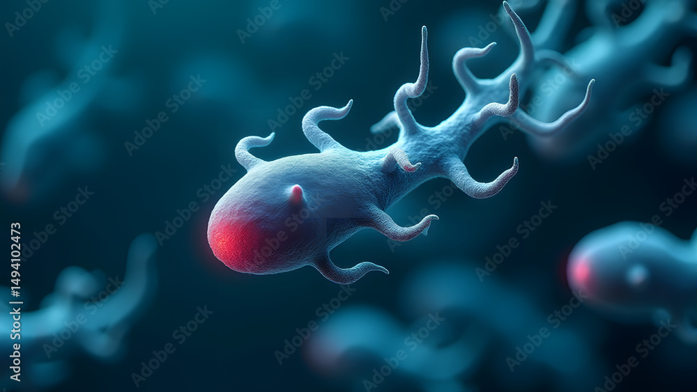 Poster bacteria with glowing hooked appendages, microscopic action shot with dynamic background blur.