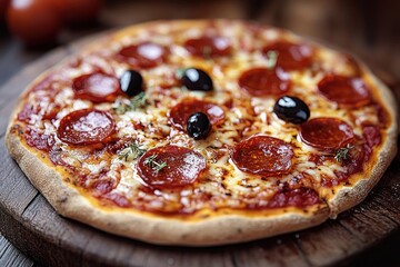 Close-up of a freshly baked pepperoni pizza topped with black olives and herbs on a wooden serving board, evoking a warm and appetizing feeling