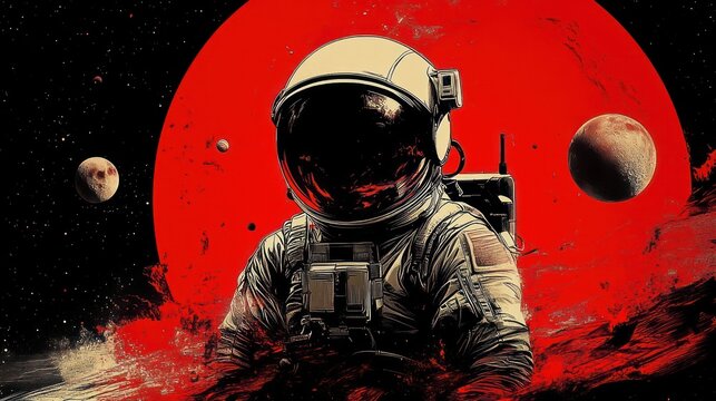 Astronaut in full space suit with reflective helmet standing against a large red planet and smaller celestial bodies in a dark space scene with textured foreground