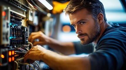 Focused man working with electronic wiring and circuits inside a technical control panel or machinery