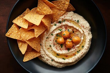 Close-up of creamy hummus topped with chickpeas, olive oil, and herbs served with crispy triangular corn chips in a black bowl on a wooden surface