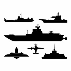 Silhouette collection of military watercraft and aircraft