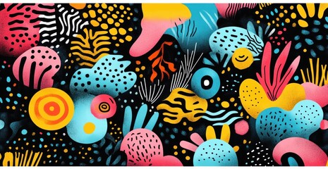 Fototapeta premium Abstract colorful underwater scene with coral shapes and organic patterns in bright blue, pink, yellow, and black creating lively and playful mood