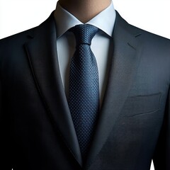 Close-up of a person wearing a dark suit jacket, light blue shirt, and textured blue tie, conveying professionalism and confidence