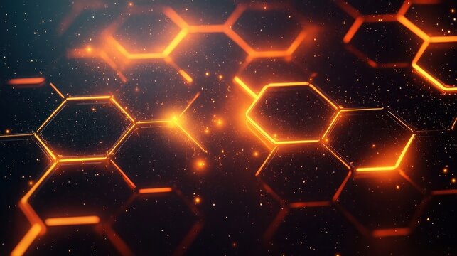 Glowing orange hexagonal grid patterns floating in a dark space filled with small sparkling particles creating a futuristic and dynamic atmosphere