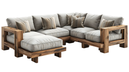 Puffy L shaped beige sectional sofa isolated on transparent background