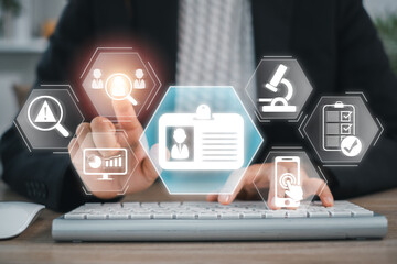 Businessperson interacts with digital KYC interface, highlighting customer verification and data...