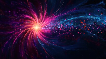 Vibrant cosmic explosion with swirling bright pink and blue lights and glowing particles radiating from a central luminous point in deep space