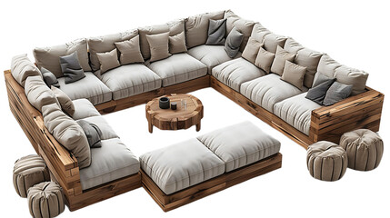 Rustic L shaped couch with neutral fabrics isolated on transparent background
