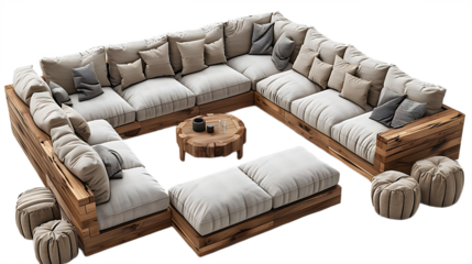 Rustic L shaped couch with neutral fabrics isolated on transparent background