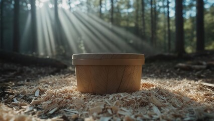 Naklejka premium Wooden Bowl in Sunlit Forest Setting Rustic Craftsmanship and Natural Beauty