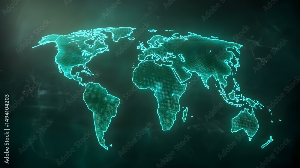 Poster the image contains a teal-colored, glowing outline of a world map composed of tiny dots on a dark ba