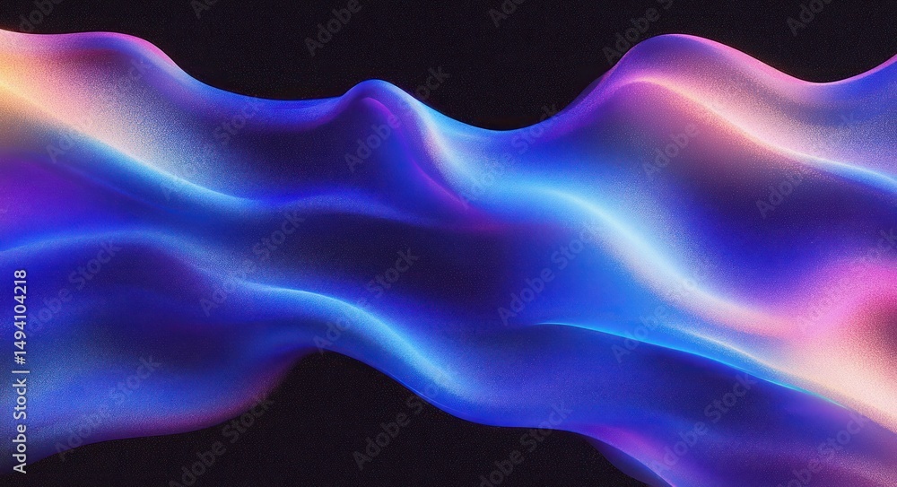 Poster abstract flowing wave-like shapes with smooth gradients of blue, purple, and soft pink hues on a bla