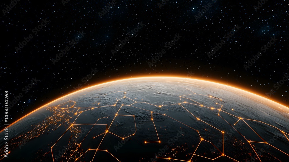 Aufkleber the image shows a stylized depiction of earth from space, with glowing orange lines connecting vario