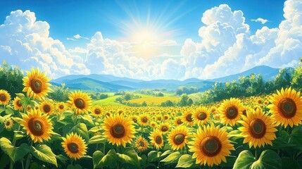 Obraz premium Bright sunny day over a vast field of blooming sunflowers with lush green leaves under a blue sky filled with fluffy white clouds and distant rolling hills