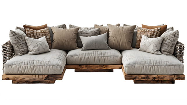 Rustic U shaped sectional sofa with table isolated on transparent background