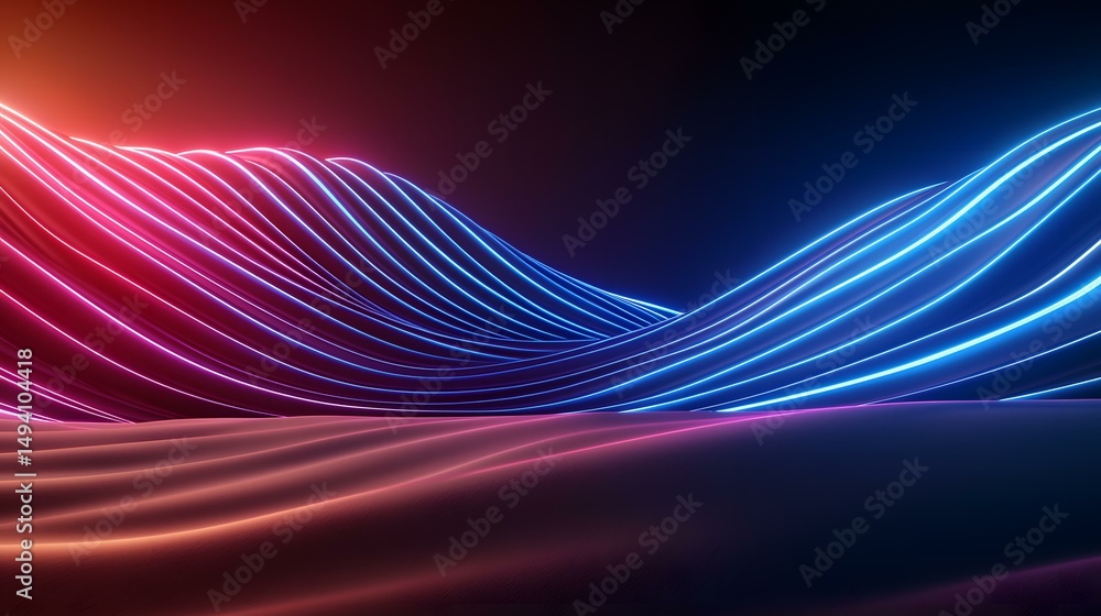 Poster the image contains a digital rendering of a landscape featuring undulating, glowing neon lines in sh