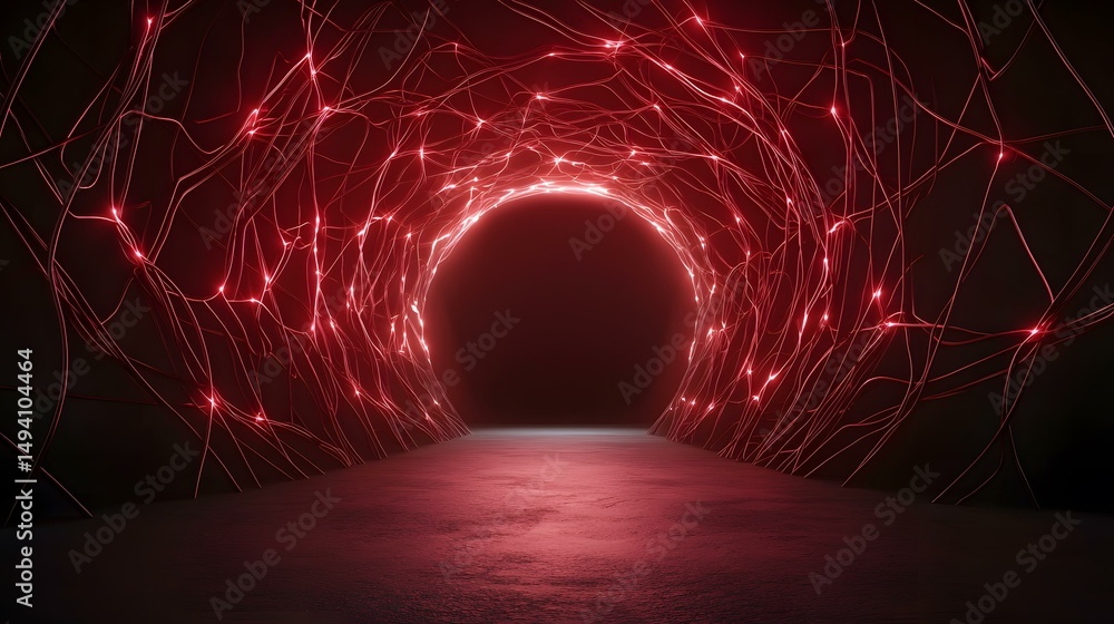 Poster a dark, cavernous space is illuminated by a network of glowing red lines forming a tunnel leading to