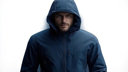Serious man wearing a dark blue hooded rain jacket looking directly with intense gaze against a plain white background