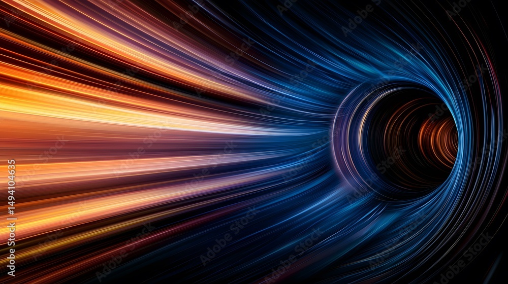 Poster the image shows an abstract representation of a tunnel or vortex, with streaks of light in shades of