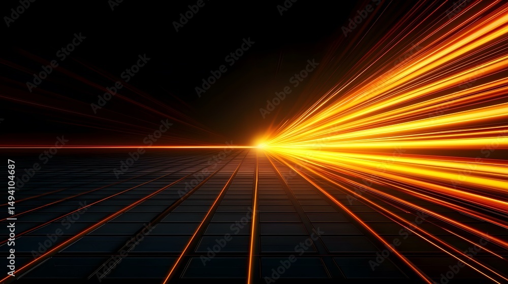 Poster the image shows a dark gridded surface with bright orange light streaks radiating from a vanishing p