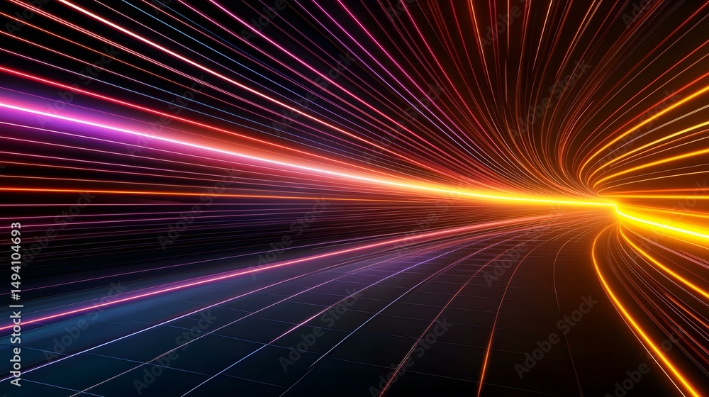 Poster the image shows an abstract representation of a tunnel or road with vibrant, glowing lines of light 