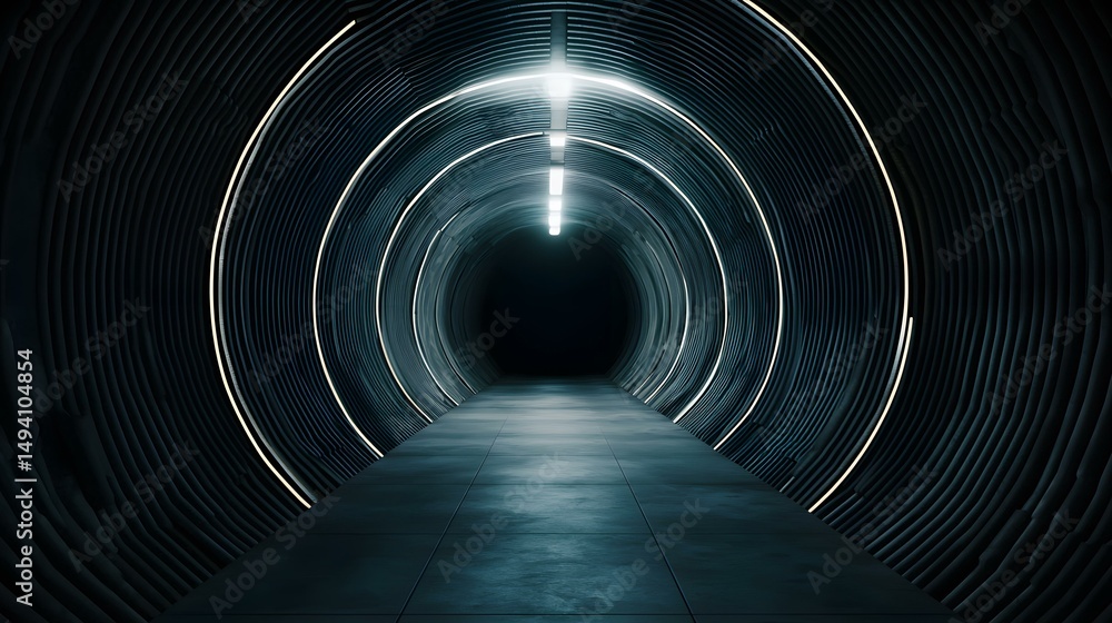 Poster the image shows a dark, futuristic tunnel with a concentric, layered design. bright linear lights il