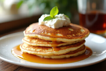 Tempting Ricotta Pancakes: Clean Food Photography with Sunset Window Light and Spacious Layout