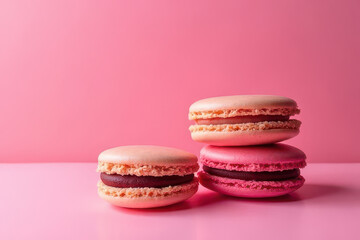 Fototapeta premium Moody Food Photography: Tempting Macarons on Soft Pink Background with Overcast Natural Light