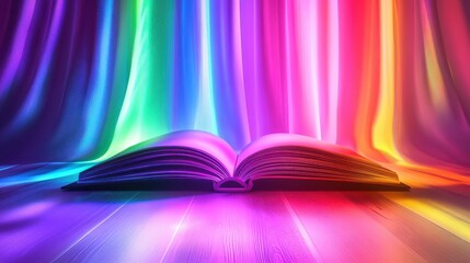 Livre ouvert irradiant de lumière arc-en-ciel