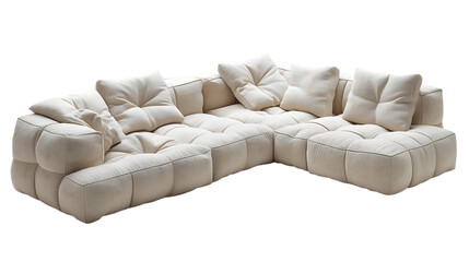 Soft fabric sectional couch with wood base isolated on transparent background