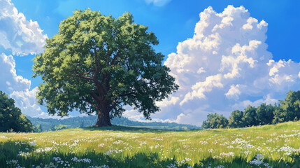 big green oak tree in a meadow with blue sky