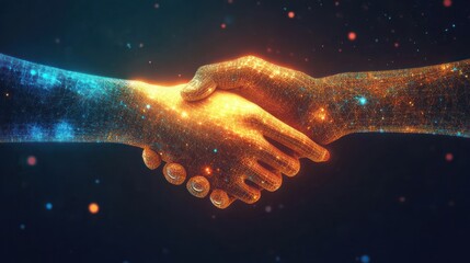 Digital handshake symbolizes partnership in the technology era and cooperation