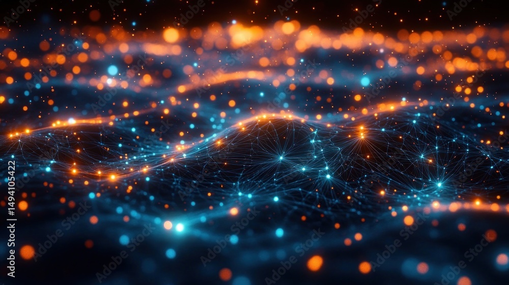 Poster abstract digital landscape composed of interconnected blue and orange glowing nodes and lines formin