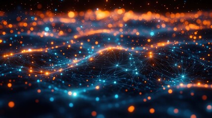 Abstract digital landscape composed of interconnected blue and orange glowing nodes and lines forming a network with dynamic light effects