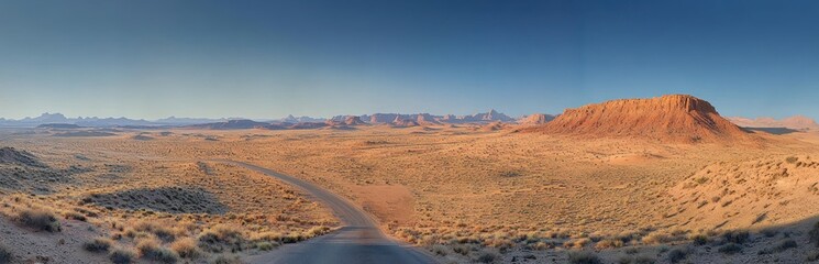 Fototapeta premium Wide panoramic view of a desert landscape under a clear blue sky with a winding road leading into the distance and rocky mesas and formations in the background
